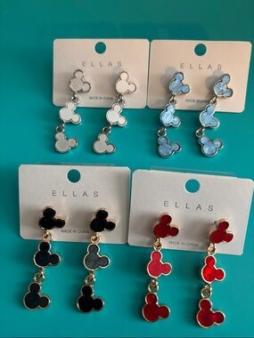 4 pair EllasTriple-Drop Enamel Mickey Dangle Earrings — White, Blue, Black, Red